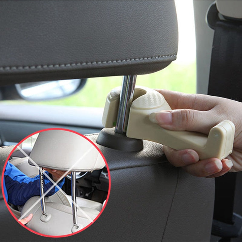 Headrest Hook with Phone Holder for Bags, Handbags. Easy to install and holds up to 5kg.