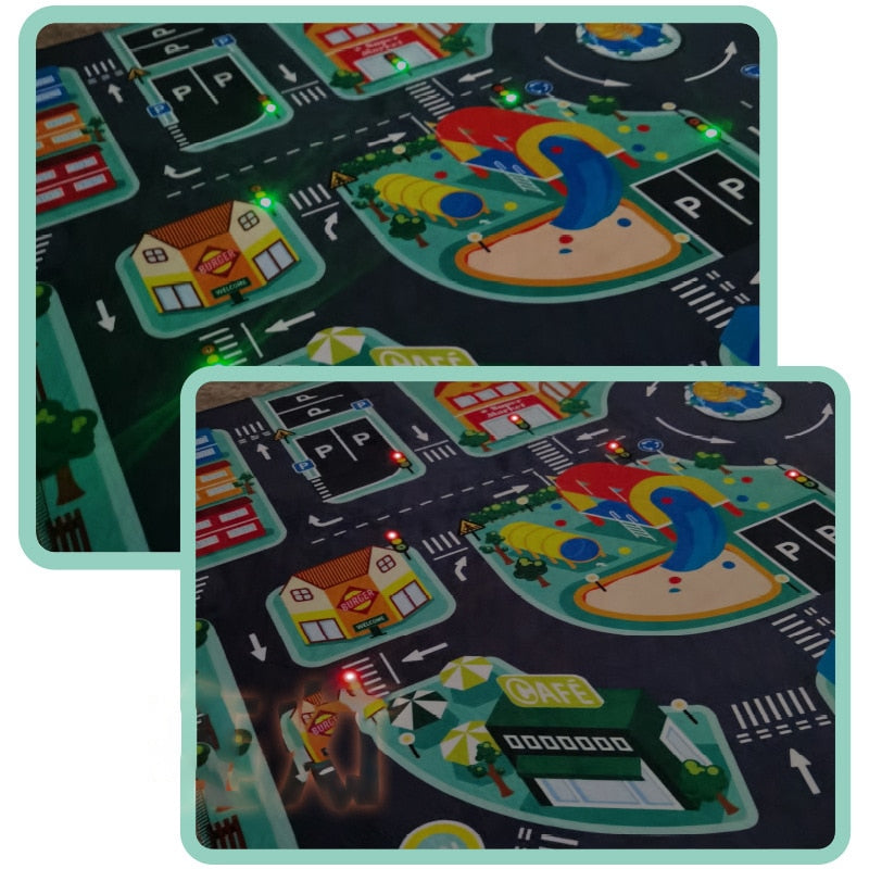 LED Anti-slip Kids Play Floor Mat. Pictures of Roads so Children Can Play Cars.