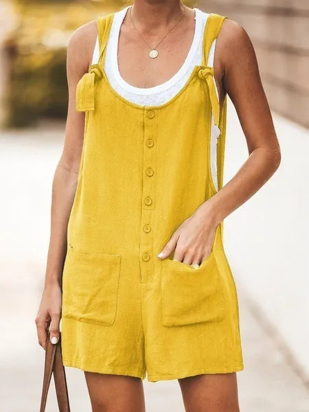 Women's Sleeveless Cotton and linen Overall Romper With Wide Legs. e