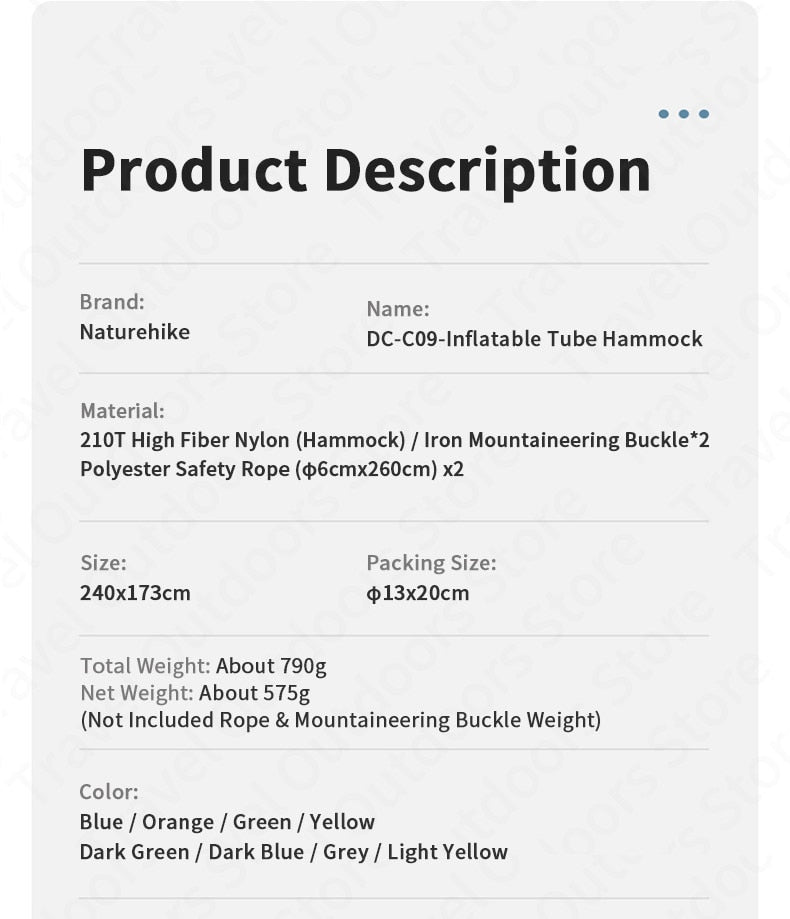 NatureHike Loading weight 200KG Ultralight Inflatable Camping Hammock.