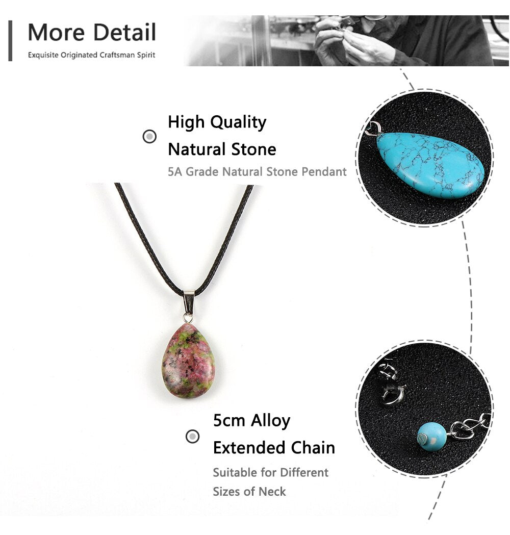 Women Natural Water Drop Pendant Necklace. Easy To Wear As A Necklace OR Choker with a Variety of Stones.