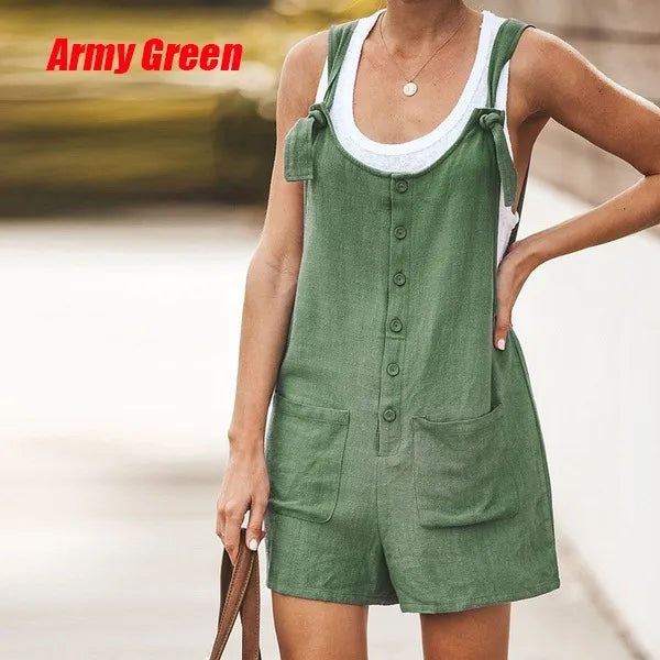 Women's Sleeveless Cotton and linen Overall Romper With Wide Legs. e
