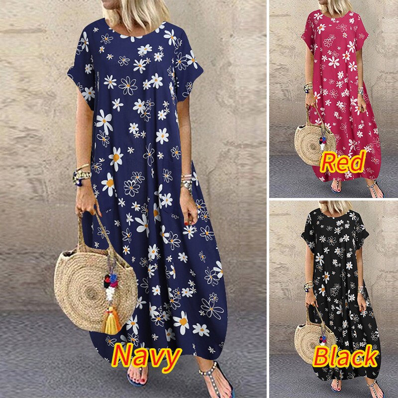 Women's ZANZEA Summer Bohemian Long, Short Sleeve Floral Print Sundress.