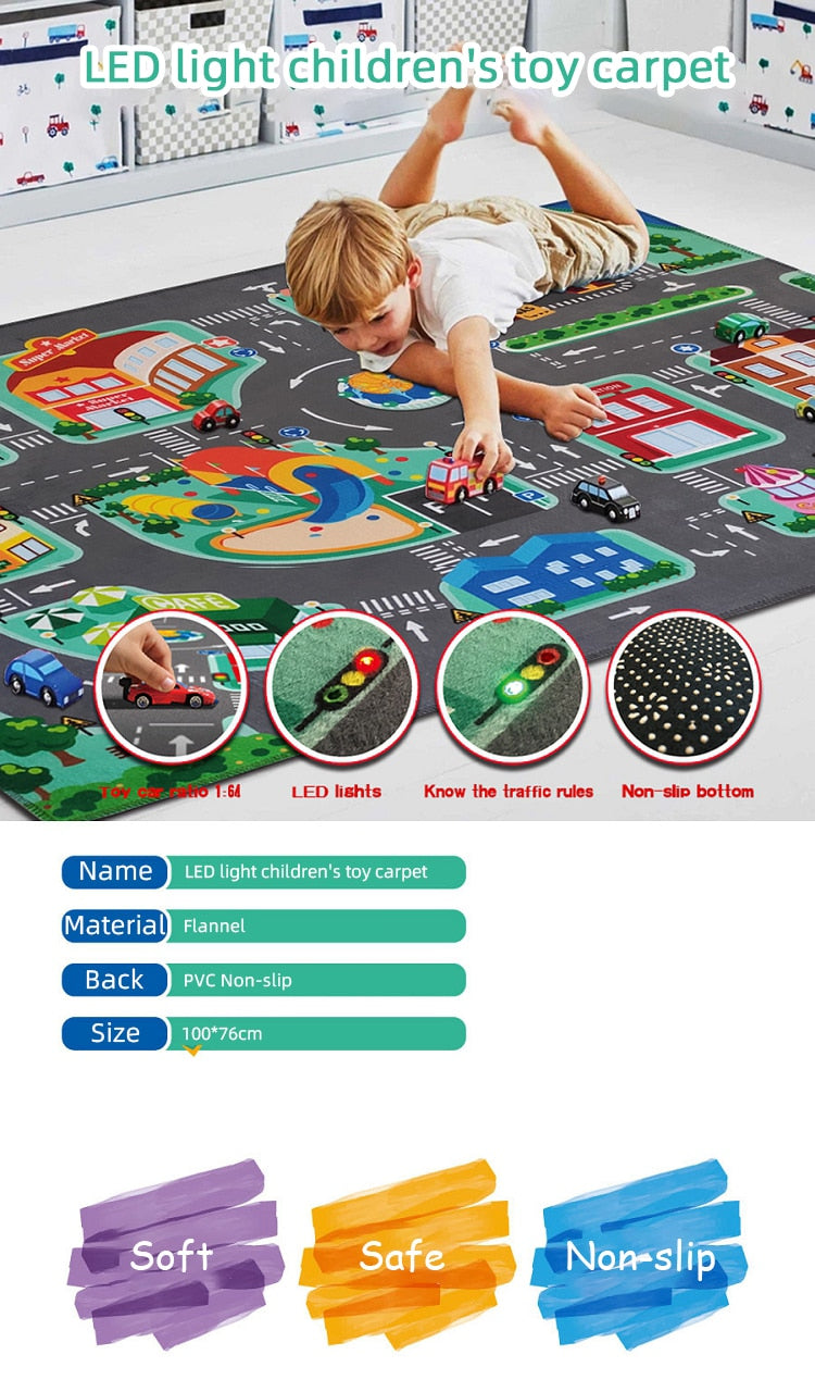 LED Anti-slip Kids Play Floor Mat. Pictures of Roads so Children Can Play Cars.