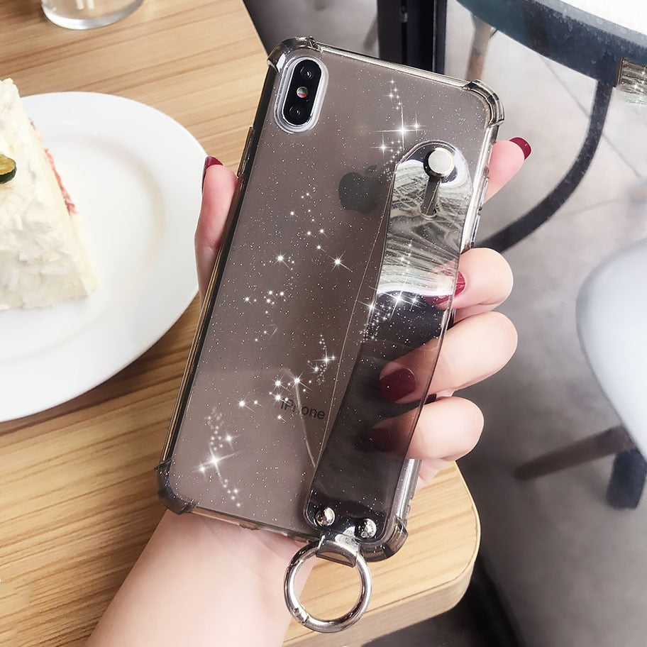 Glitter Powder Case For iPhone 12 13 11 X XR XS Max 7 8 Plus Transparent Soft TPU Wrist Strap & Shockproof Back.