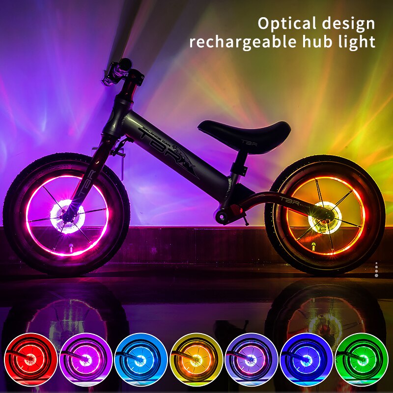 Smart rechargeable LED Bicycle Wheel Light. 7 colors with 18 changeable modes attaches to the hub.