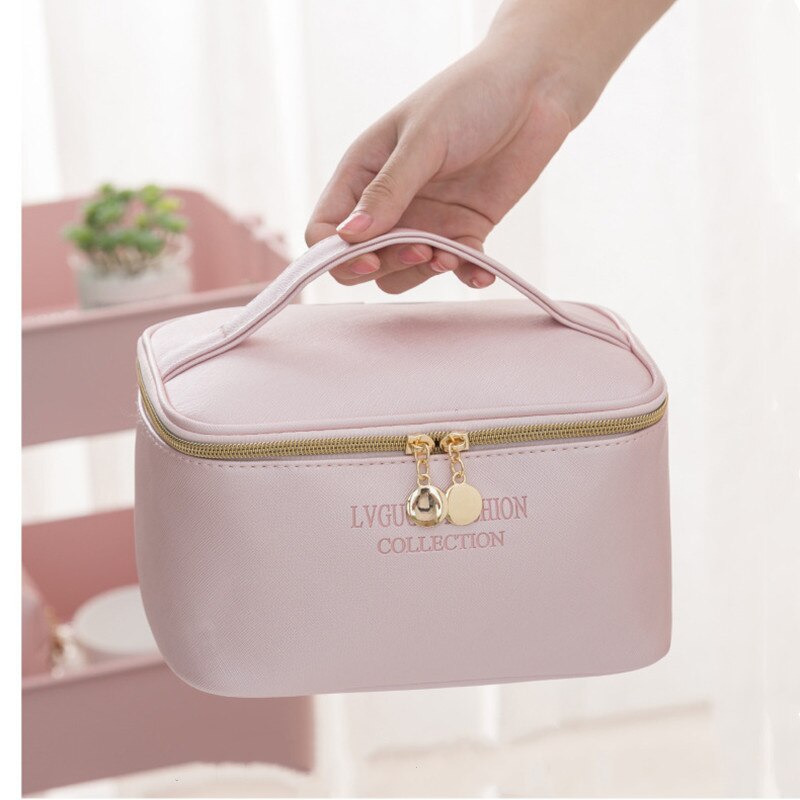 PURDORED 1 Pc women's Leather cosmetic Bag. Leather Waterproof Zipper Make Up organizer.
