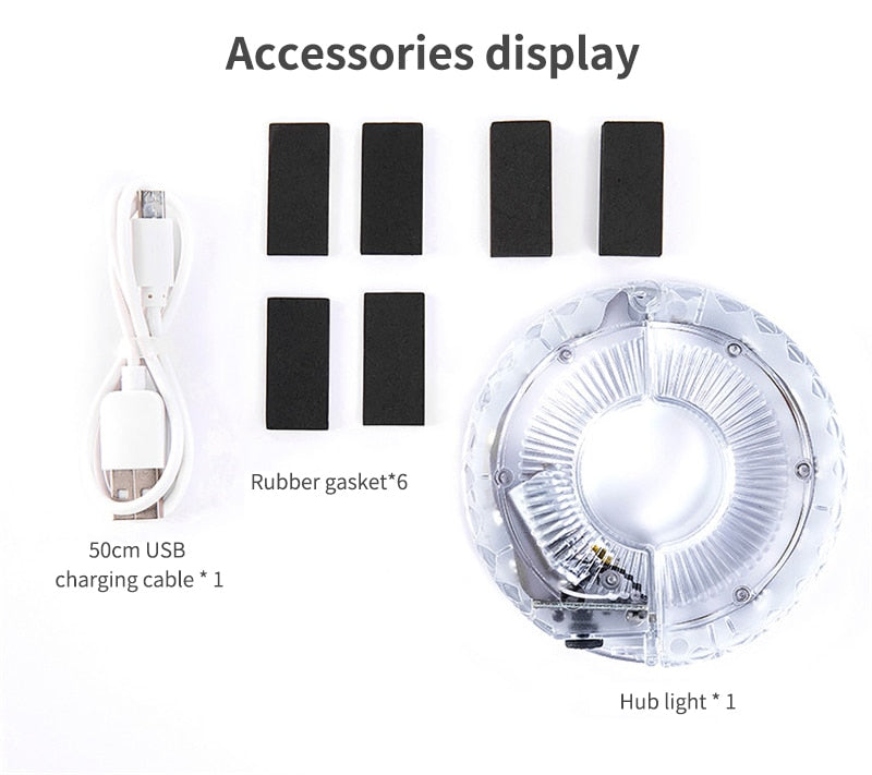 Smart rechargeable LED Bicycle Wheel Light. 7 colors with 18 changeable modes attaches to the hub.