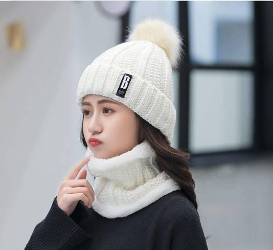 Women Wool Knitted Ski Hat. Warm, thick scarf to protect you from winter winds.