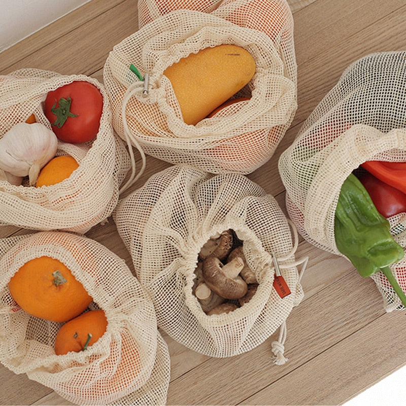 Reusable Cotton Mesh Produce Bags for Vegetables/ Fruit.
