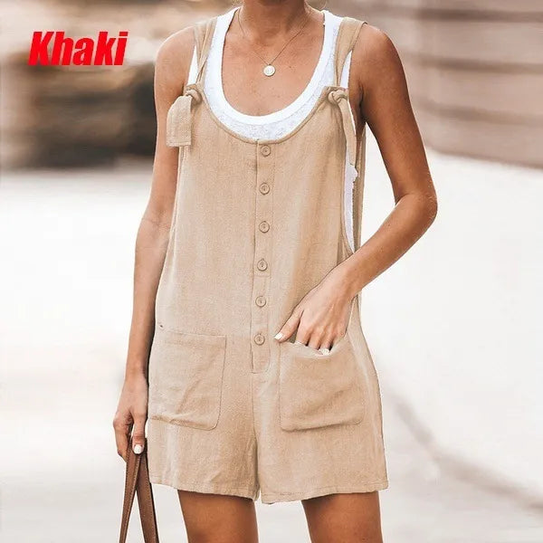 Women's Sleeveless Cotton and linen Overall Romper With Wide Legs. e