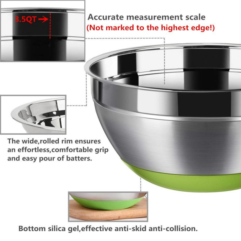 1.5-2 - 2.5-3.5 -5QT (set of 5) Silicone bottom Stainless Steel Mixing Bowls.