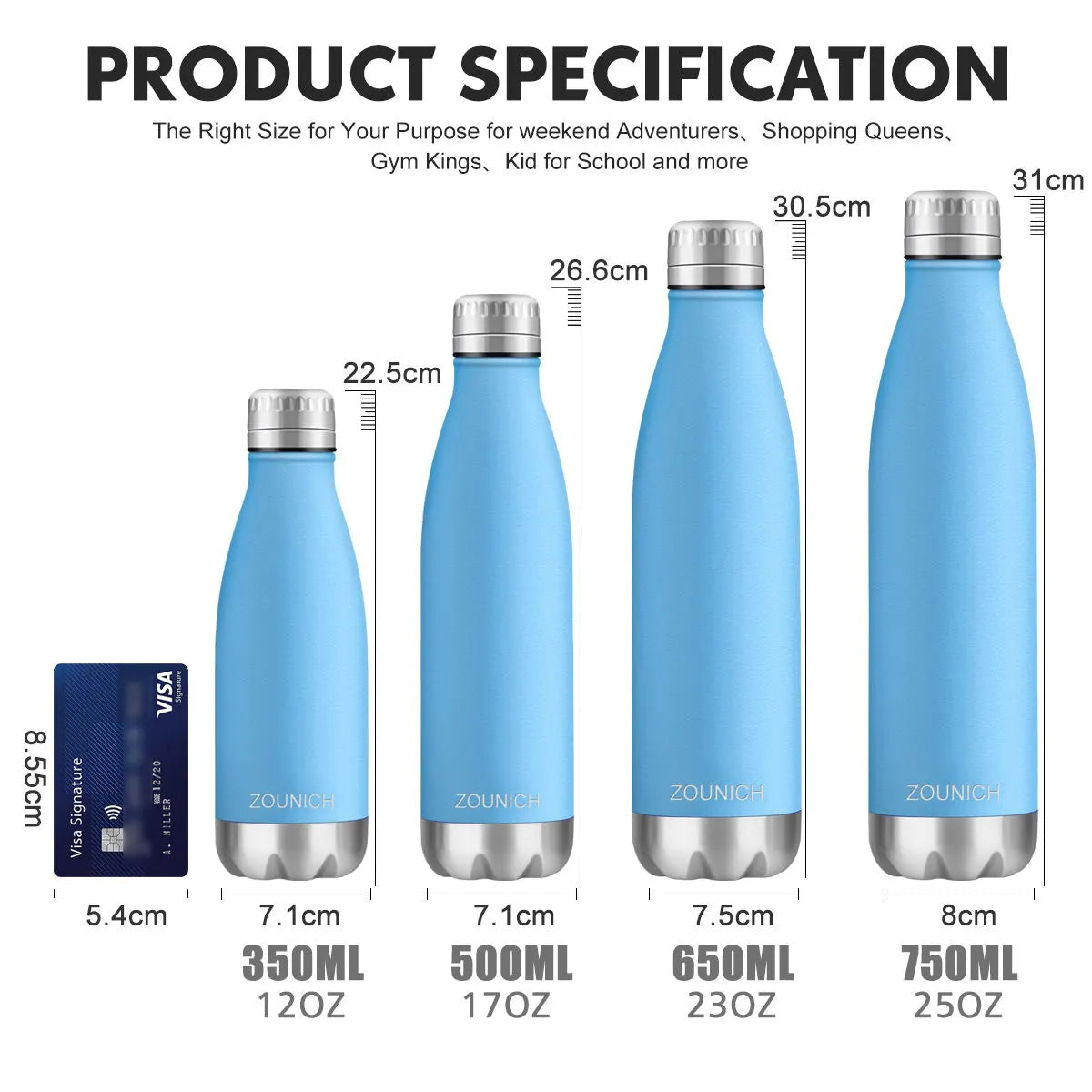ZOUNICH Stainless Steel Double-Wall Insulated Vacuum Water Bottle.