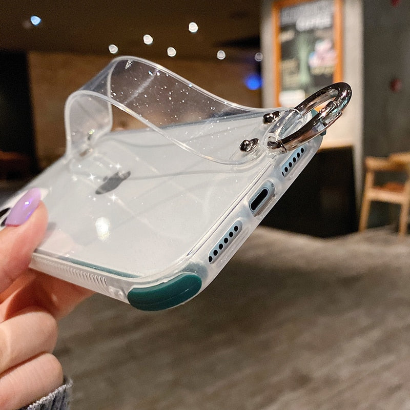 Glitter Powder Case For iPhone 12 13 11 X XR XS Max 7 8 Plus Transparent Soft TPU Wrist Strap & Shockproof Back.