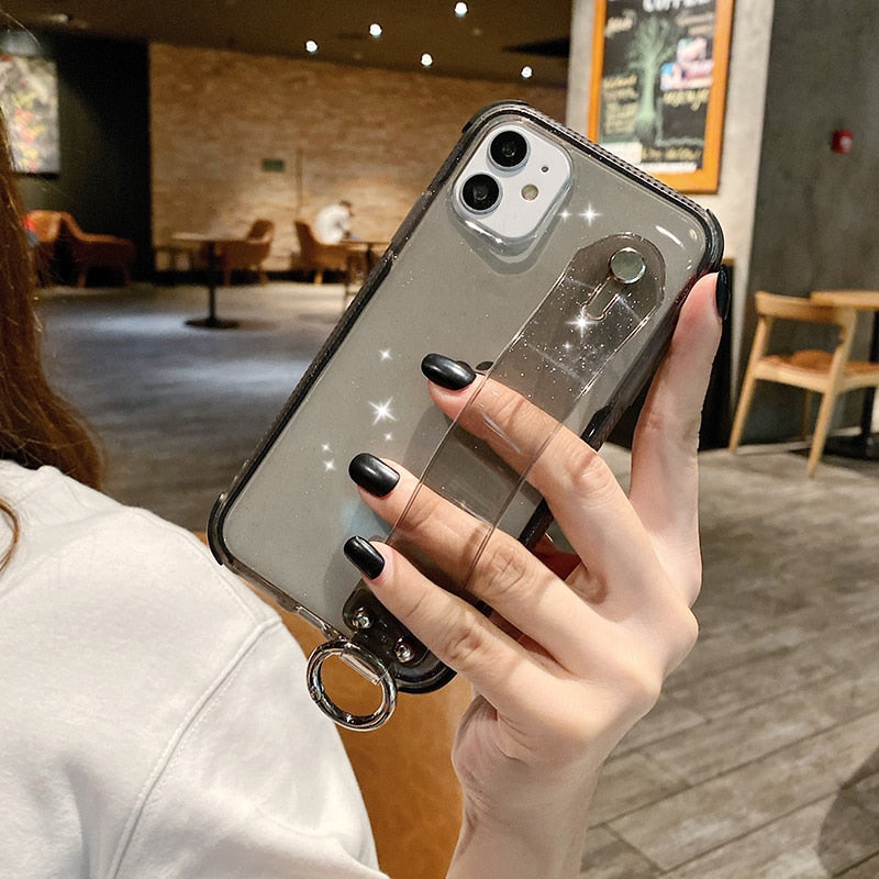 Glitter Powder Case For iPhone 12 13 11 X XR XS Max 7 8 Plus Transparent Soft TPU Wrist Strap & Shockproof Back.