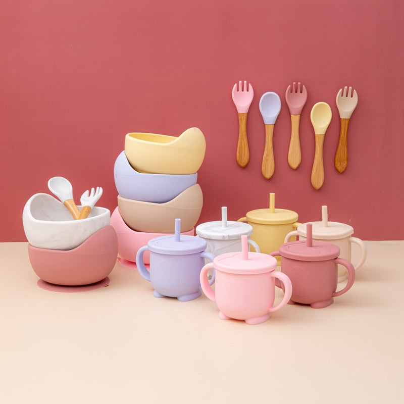 Babies Silicone Bowl, Fork, Spoon, OR Cup and Straw With Suction Cup.