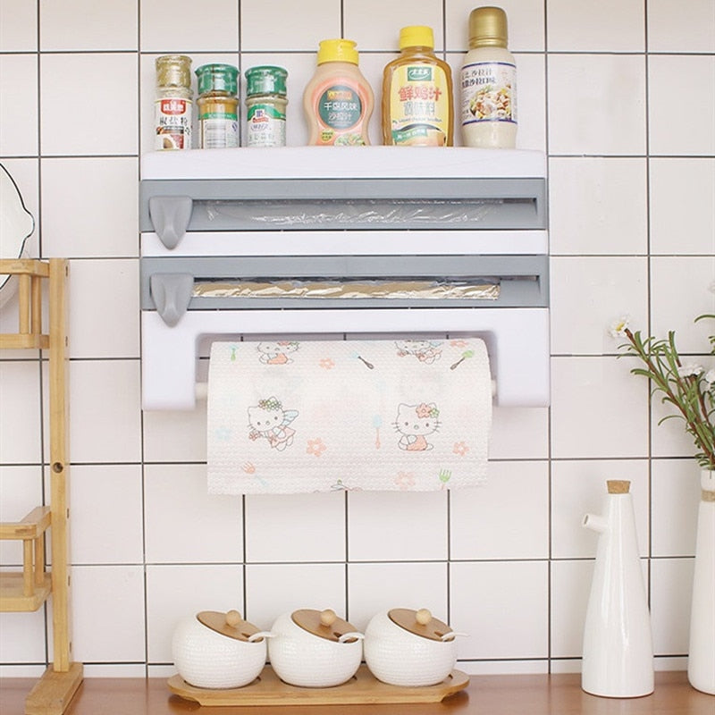 cutter Wall-Mount Paper Towel/Plastic Film Holder With A Shelf For Sauces OR Spices.