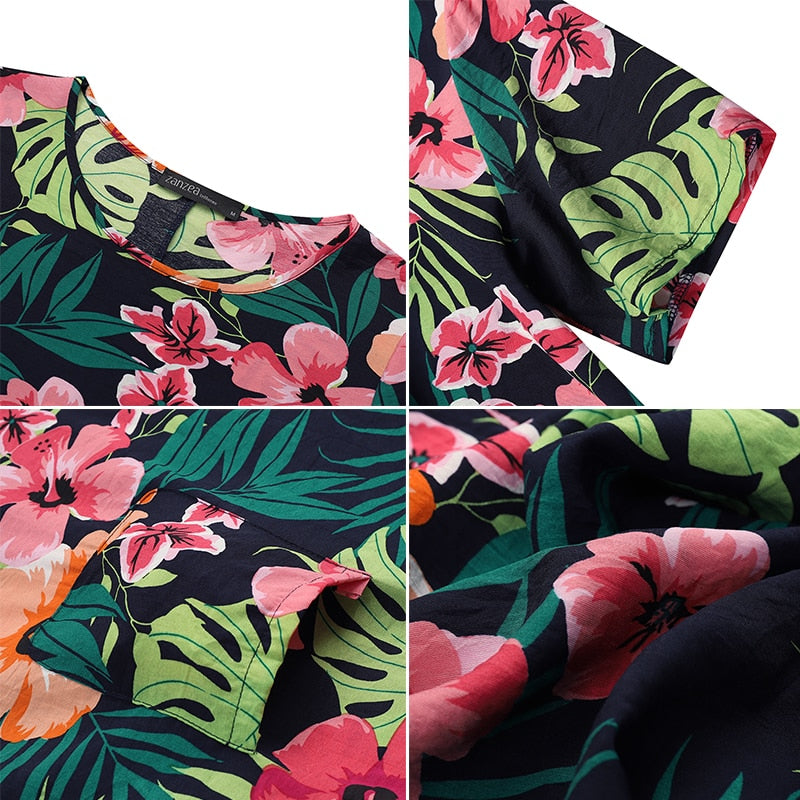 Women's ZANZEA Summer Bohemian Long, Short Sleeve Floral Print Sundress.