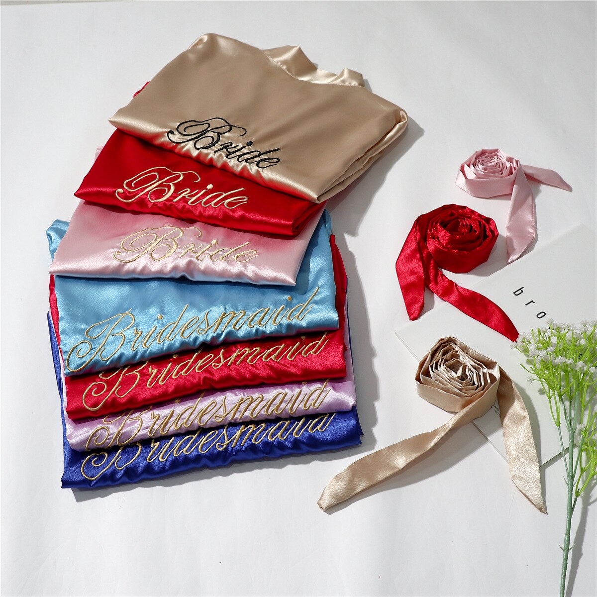 Short satin embroidered Bride and Bridesmaid bathrobe.