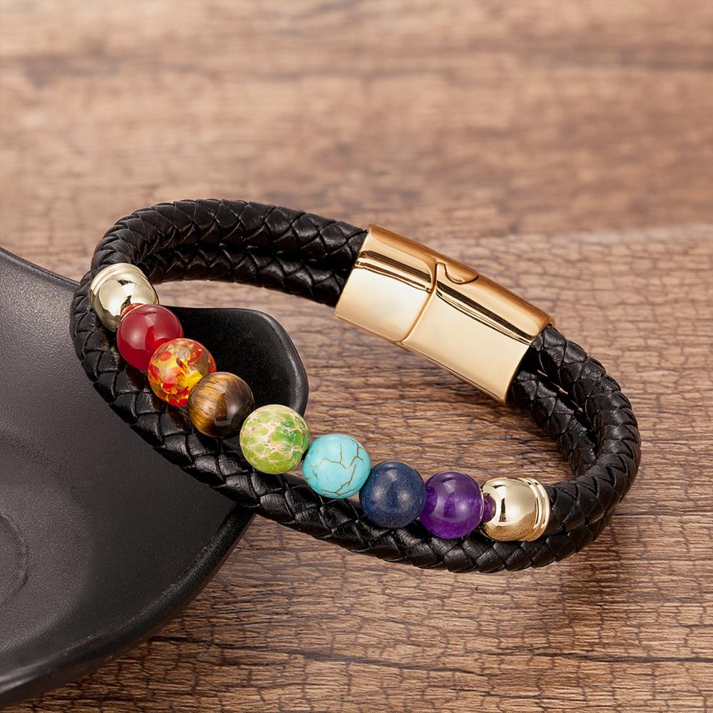 Genuine Black Leather Chakra Men's Bracelet With 7 Color Natural Yoga Healing Beads.