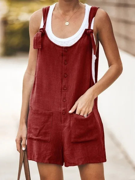 Women's Sleeveless Cotton and linen Overall Romper With Wide Legs. e