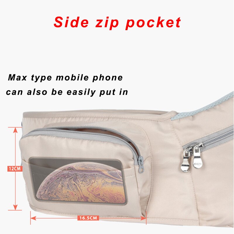 Infant hip rest and waist belt with plenty of storage.