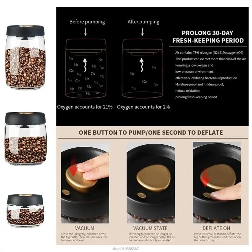 Coffee Bean Glass Storage Container With Press-Down Vacuum Seal