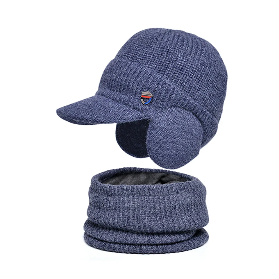 Men Or Women's Knitted Neck Scarf And Hat With Extra Ear Protection