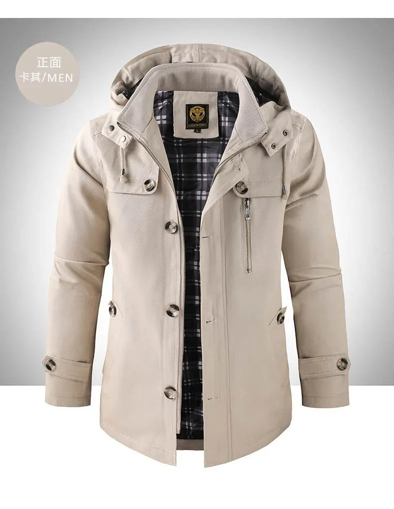 Men's Mid-length Hooded Multi-pocket Slim-fit Jacket