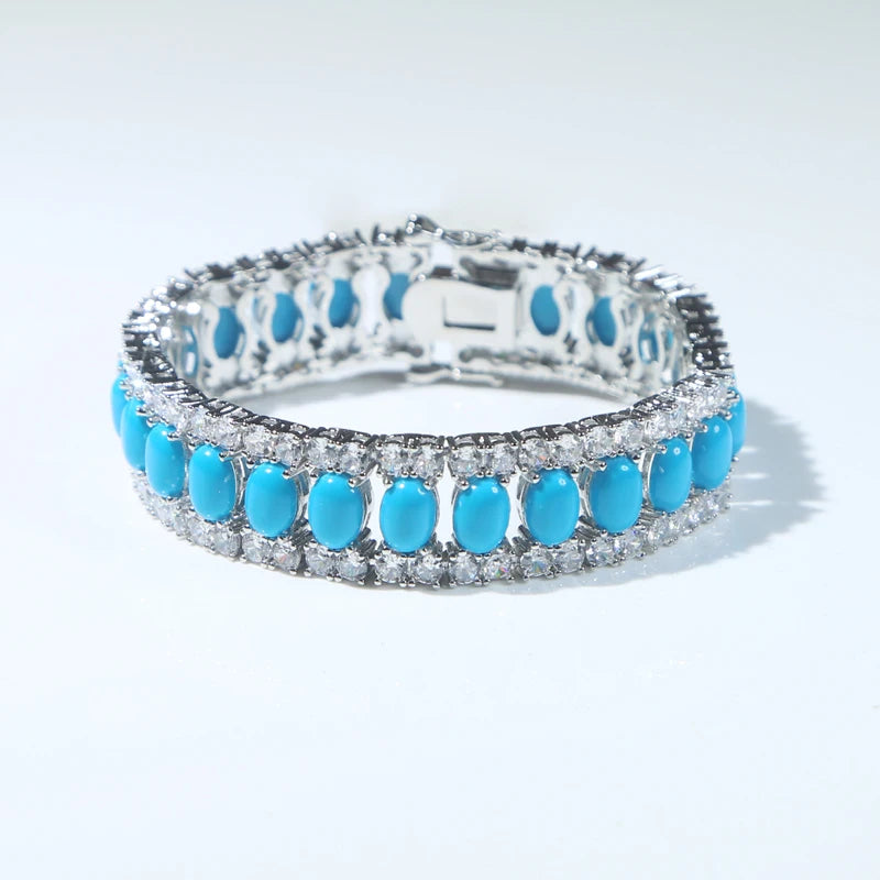 17-19CM Platinum Plated Turquoise Blue With White CZ Stone Tennis Bracelet