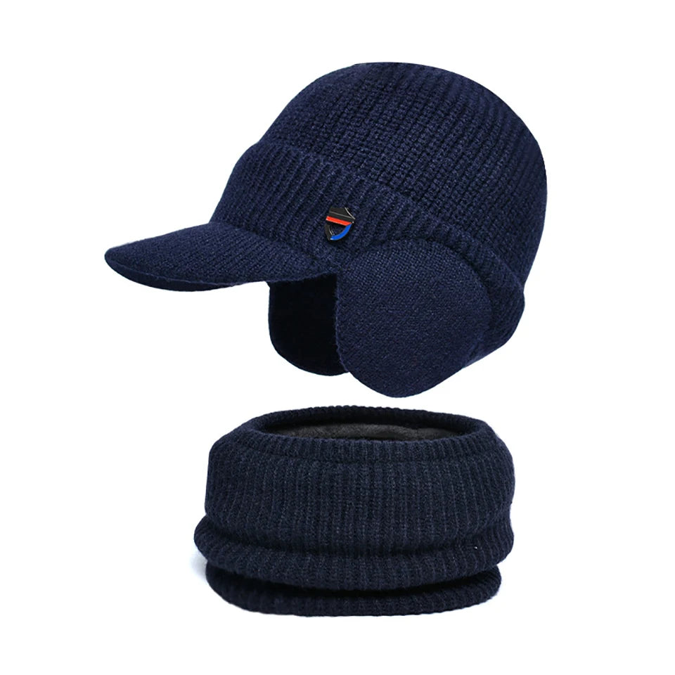 Men Or Women's Knitted Neck Scarf And Hat With Extra Ear Protection