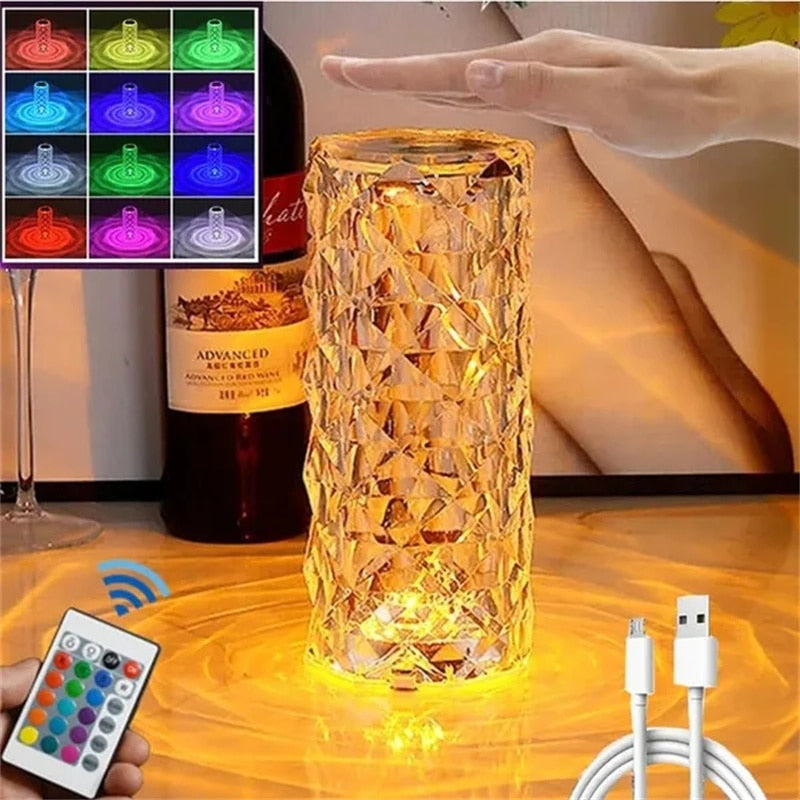LED Crystal remote touch USB table lamp.  Romantic diamond color night light.