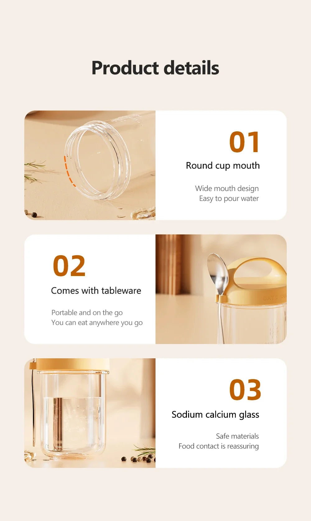 430ML Glass Cup With Lid And Spoon Great For Breakfast Oats Or Salad Cups