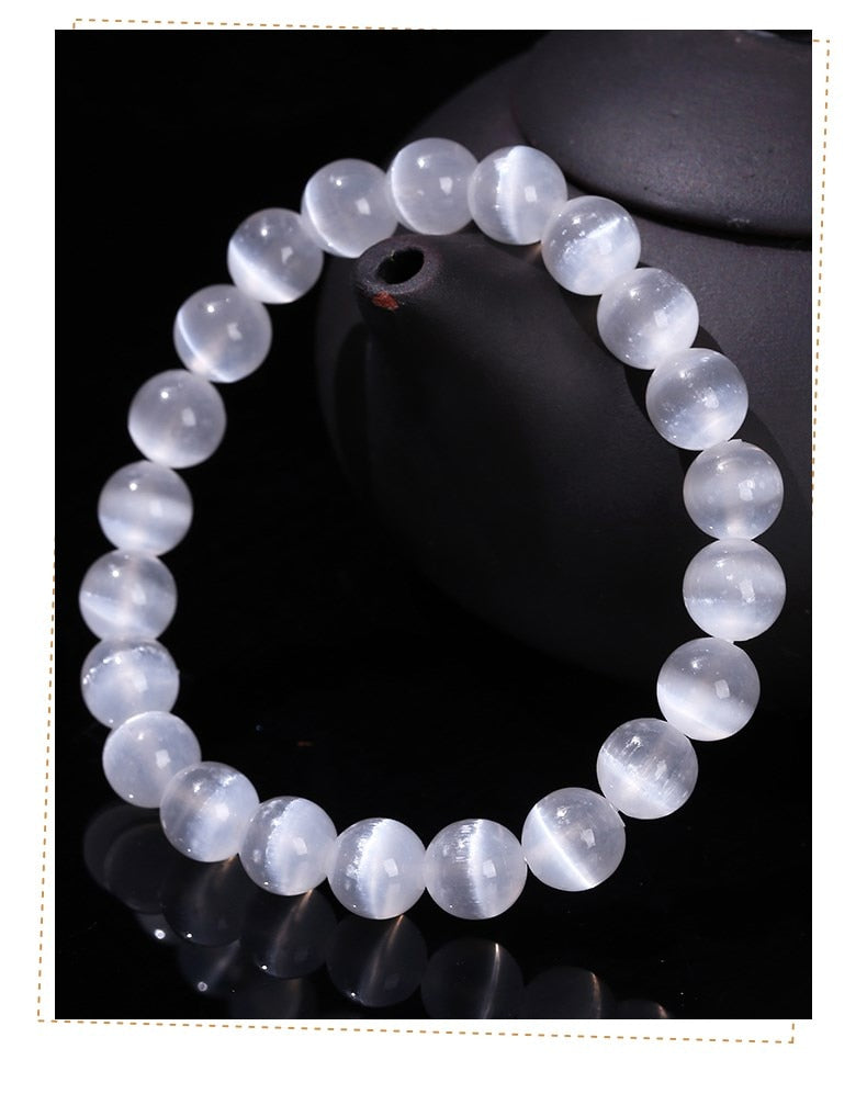 JD Natural White 6/8/10 mm Selenite Stone Bead Bracelet.