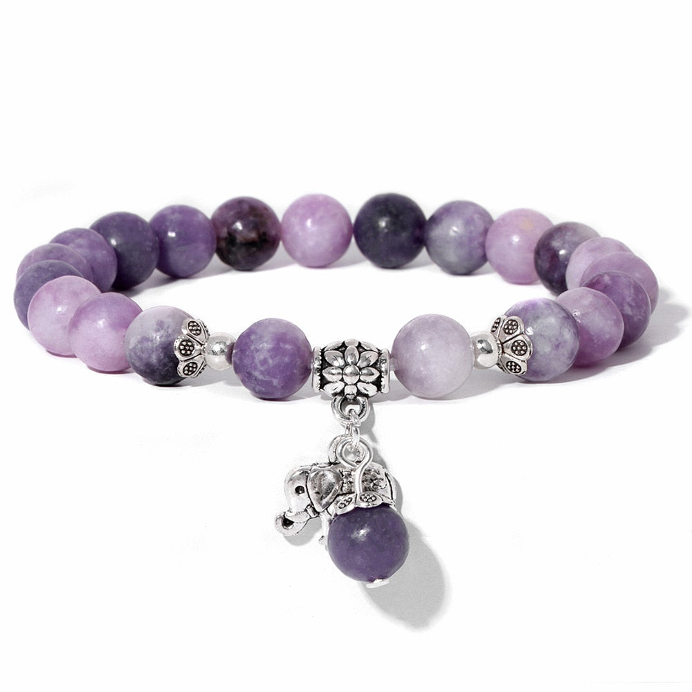 Ladies blue amazonite beaded bracelet with a metal elephant charm.