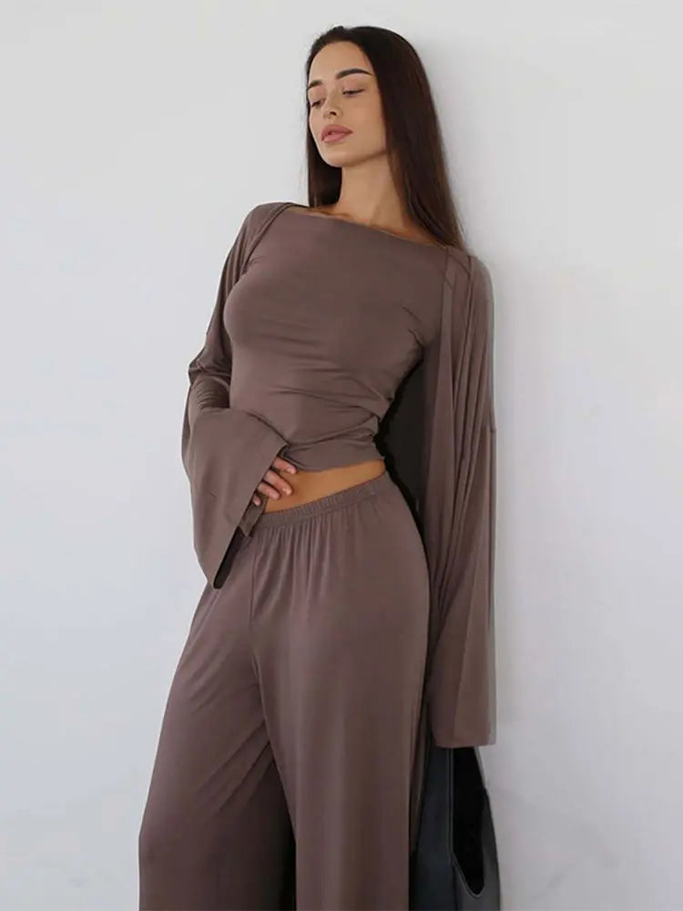 Women's 3 Piece Off Shoulder Sleeveless Cropped Tank Top With Elastic Wide Leg Pant And Long Cardigan