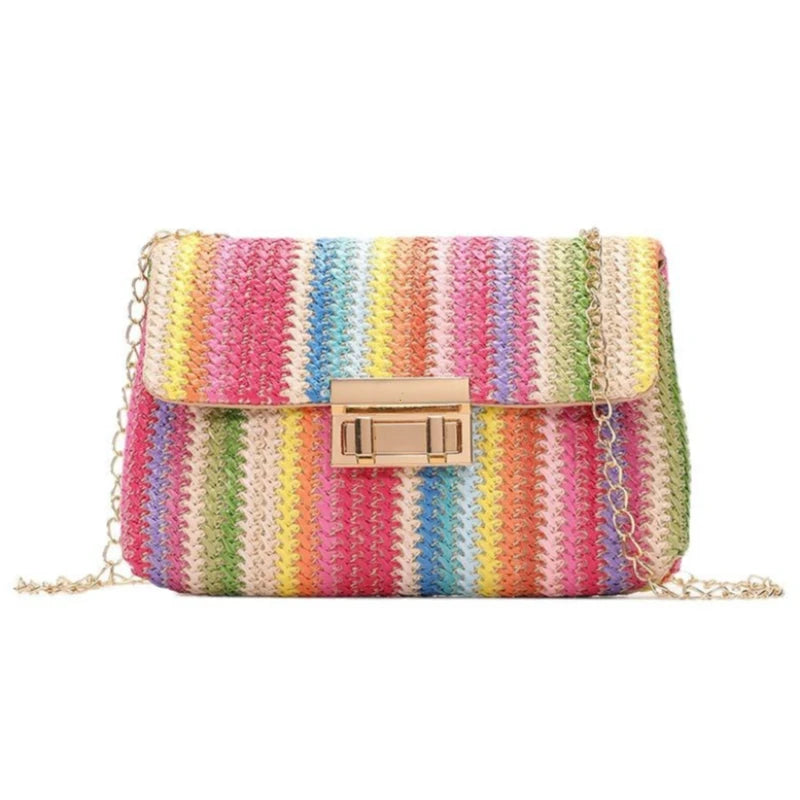Women's Straw Rainbow Stripe Shoulder Crossbody Handbag With Chain Strap