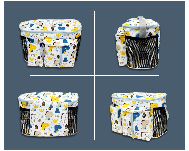 Stroller organizer bag for diapers, baby bottles and toys.