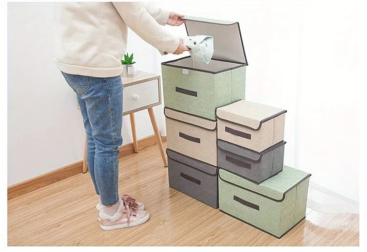 1pc Linen Fabric Storage Box With Lid.