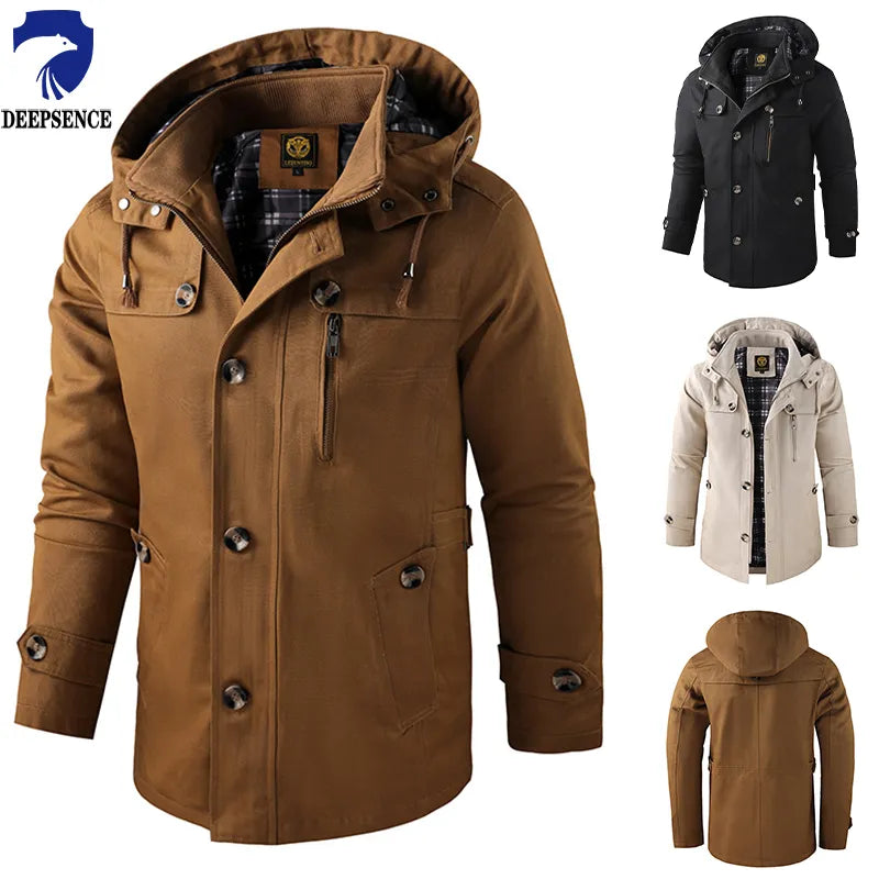 Men's Mid-length Hooded Multi-pocket Slim-fit Jacket