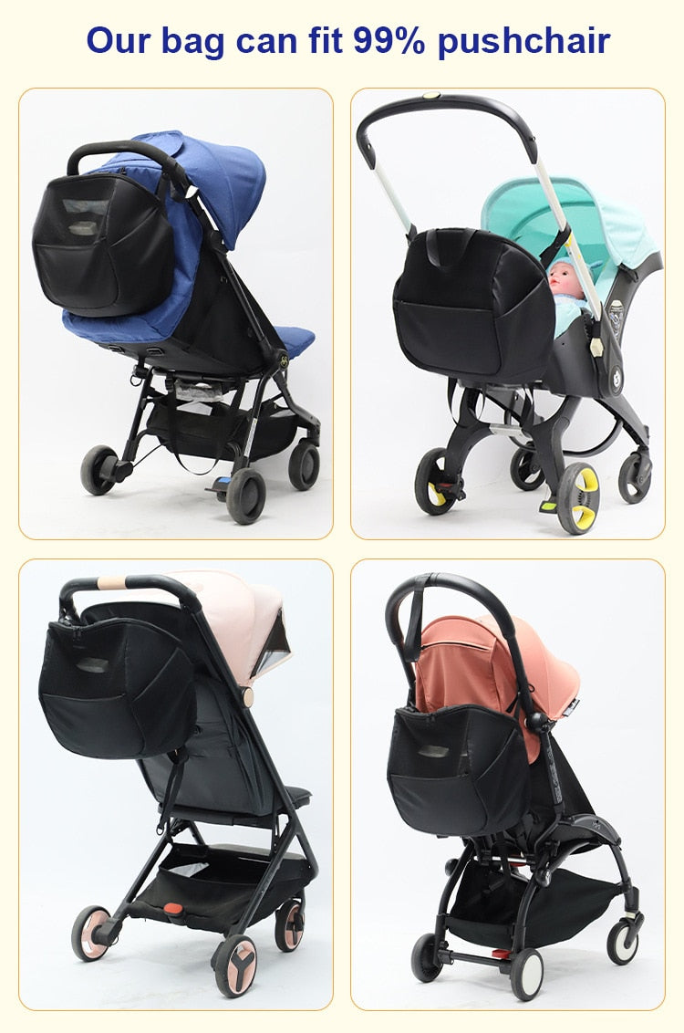 Stroller organizer bag for diapers, baby bottles and toys.