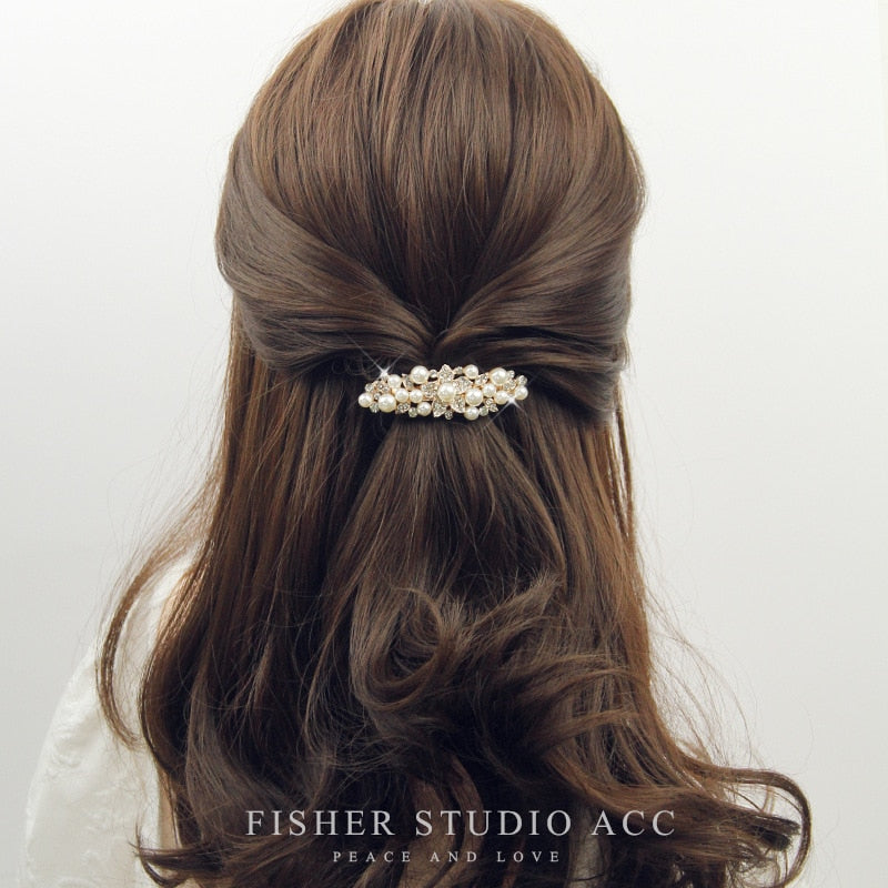 Elegant Imitation Pearl with rhinestones metal hair clip.