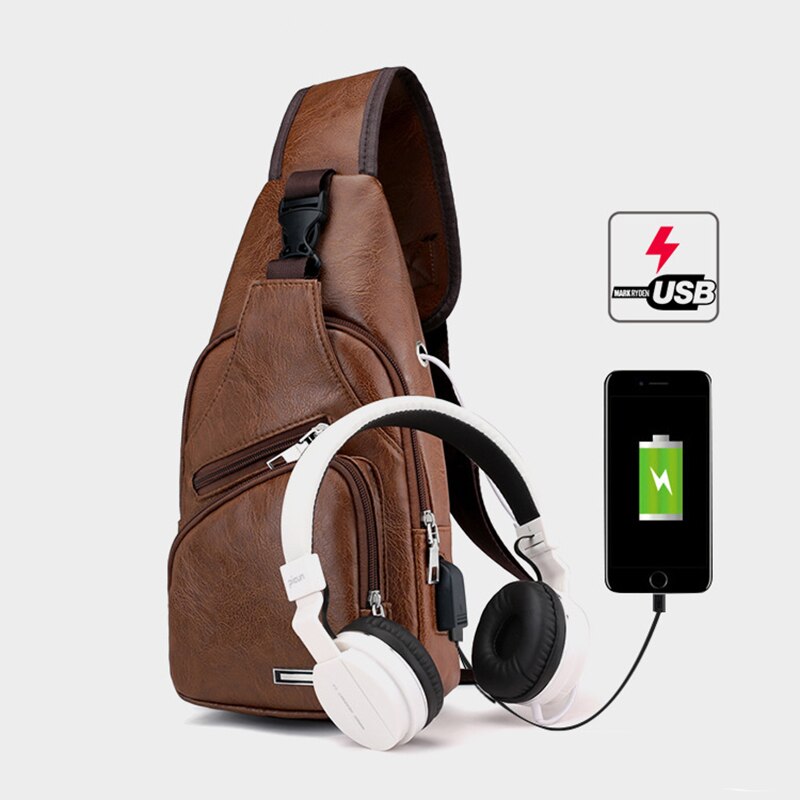 CARANFIER Chest Pack USB Charging PU Leather Shoulder Bag