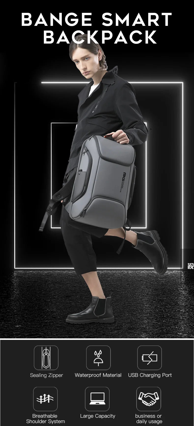 BANGE Waterproof USB Charging Backpack Fits 15.6 Inch Laptop