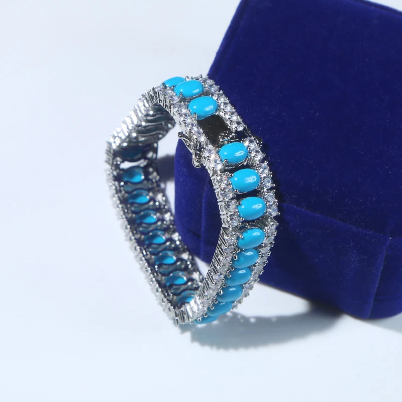 17-19CM Platinum Plated Turquoise Blue With White CZ Stone Tennis Bracelet