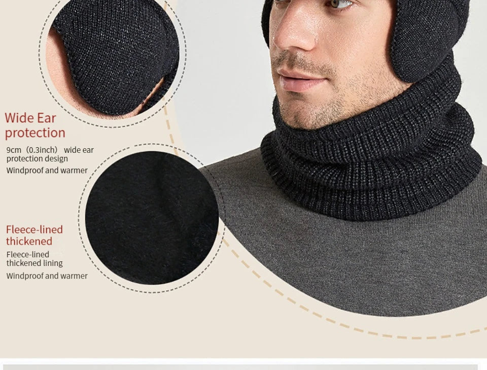 Men Or Women's Knitted Neck Scarf And Hat With Extra Ear Protection