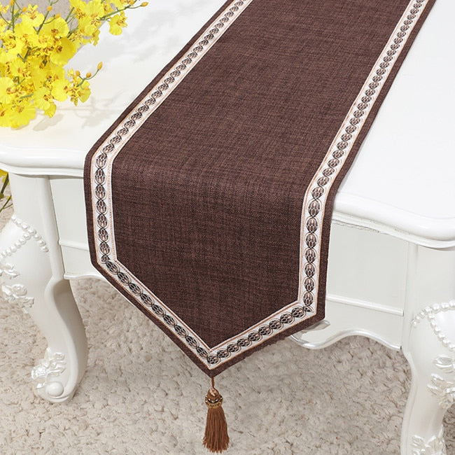 Rose Linen Table Runner With Tassels.