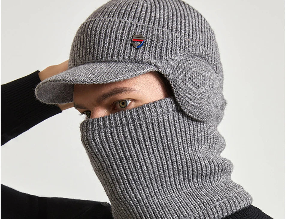 Men Or Women's Knitted Neck Scarf And Hat With Extra Ear Protection