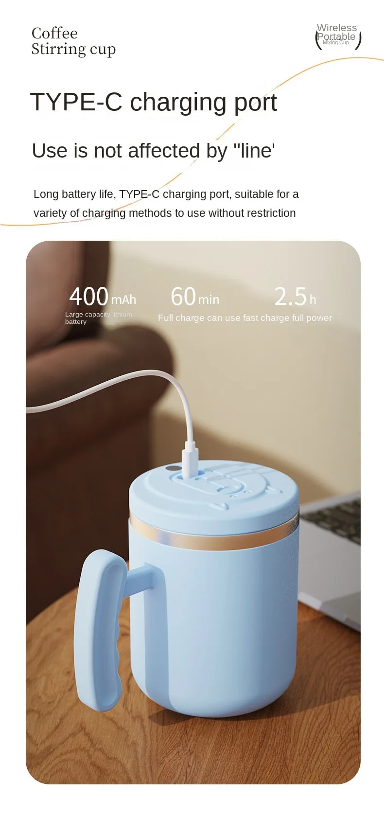 USB Rechargeable 304 Stainless Steel 400ML Automatic Mixing Cup