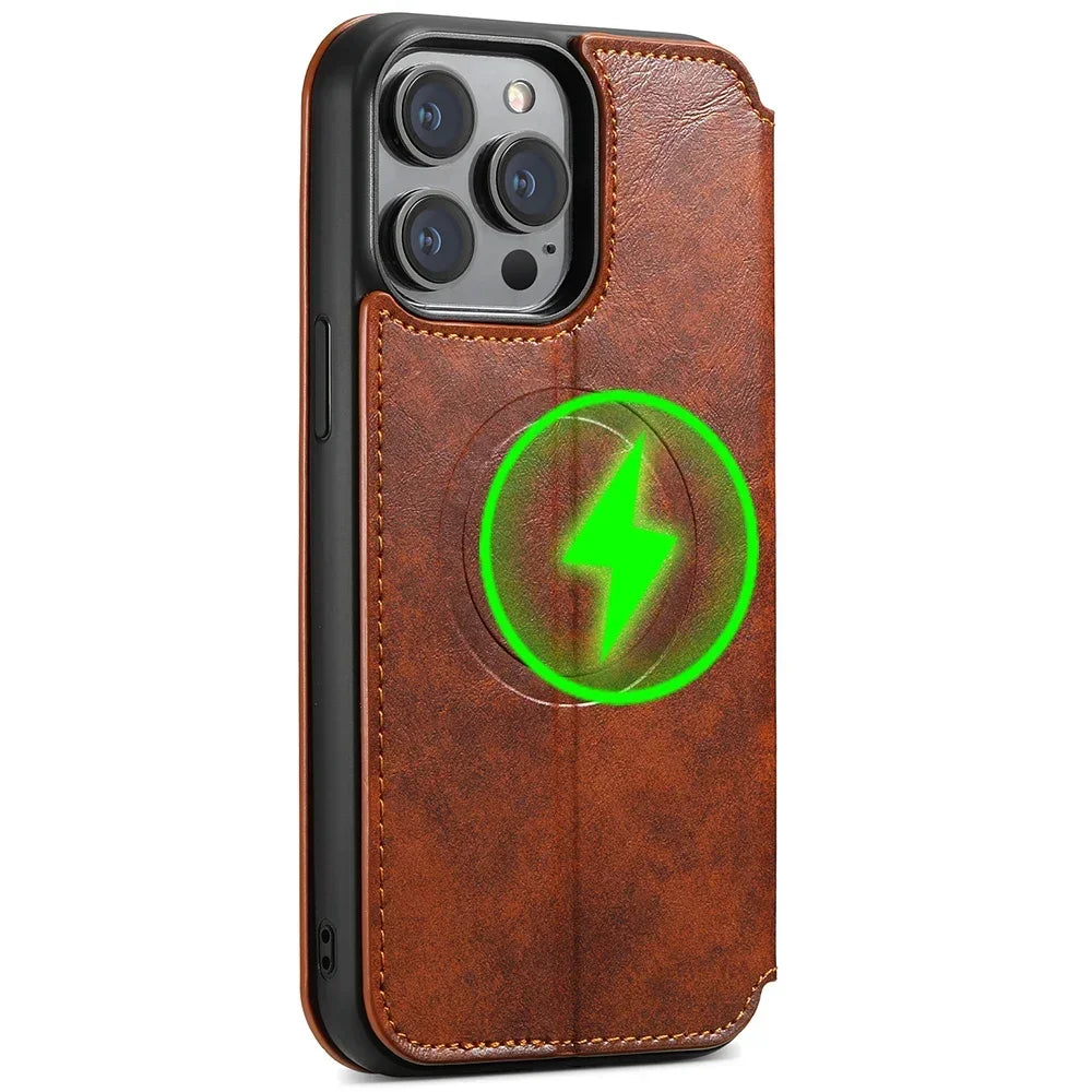 Wireless Charging  Magnetic Leather Wallet Phone Case For iPhone 16 12 13 14 15 Pro Max Plus